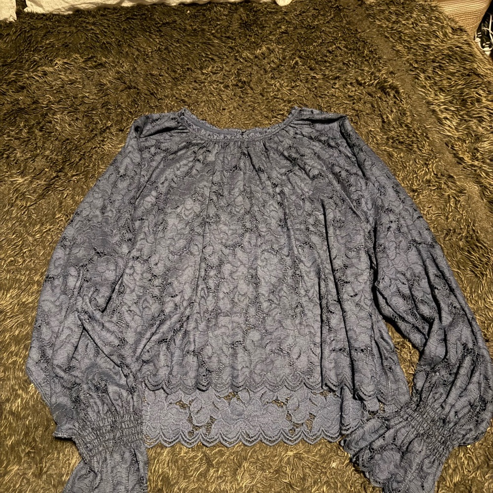 Free People Navy Lace Long Sleeve Peasant Top
